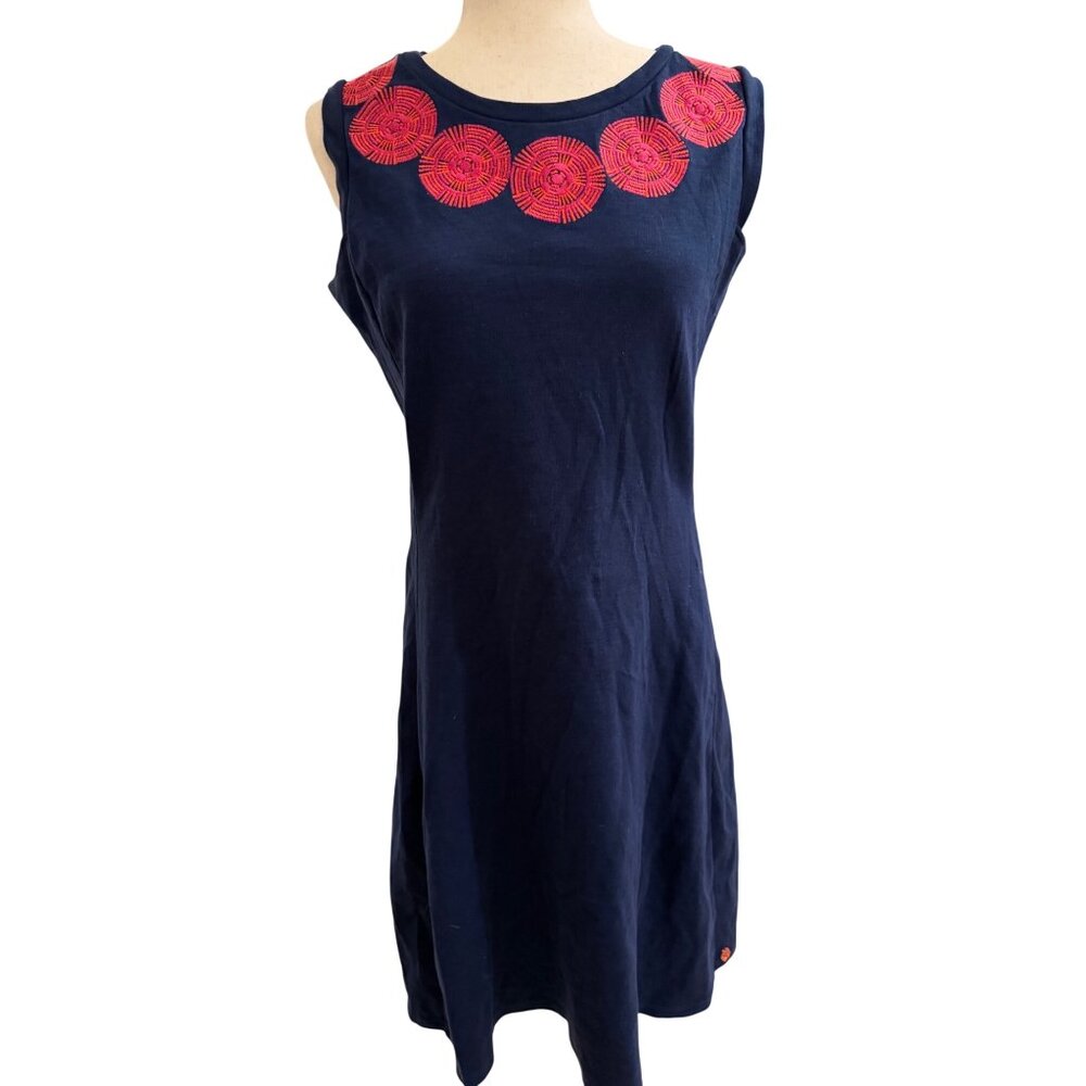 Hatley Navy Blue Sleeveless Shift Dress Red Embroidery Exposed Zipper Medium